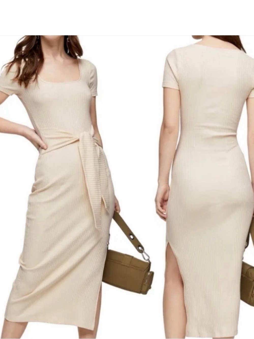 TOPSHOP Midi Sweater Dress 10 Beige Ribbed Knit Short Sleeve Tie Belt Size 14